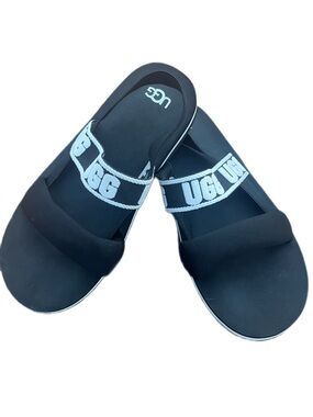 UGG Black Slides with White Logo Strap